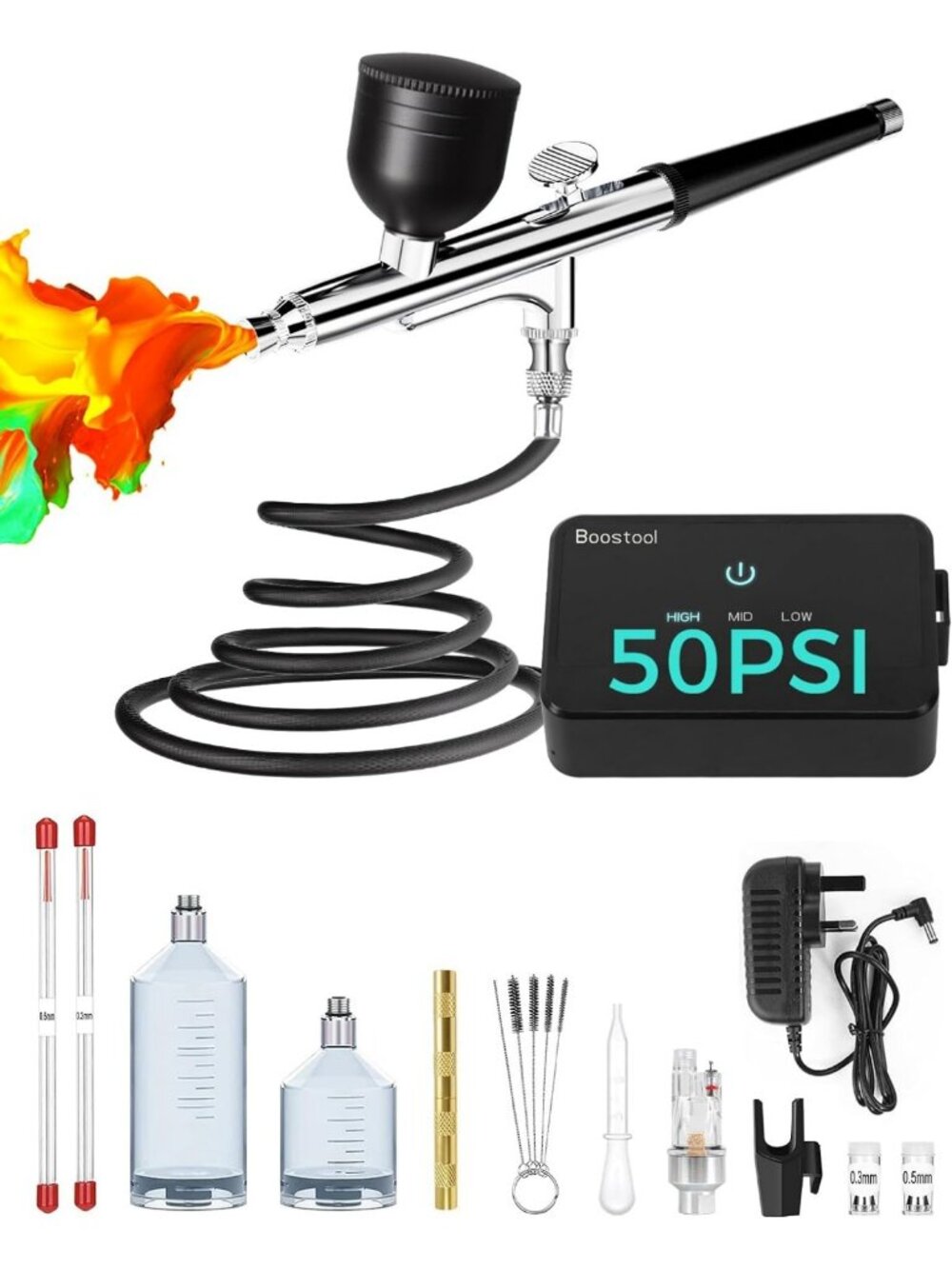 50 PSI Portable Airbrush Kit with Compressor, 0.2/0.3/0.5mm Nozzles for Makeup